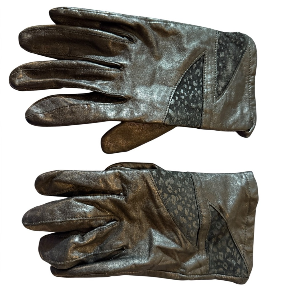 Vintage Women’s Leather Gloves with Cheetah Patterned Accents - Black, size XL